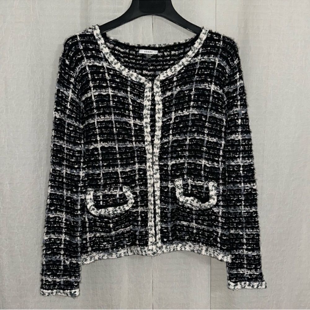 SIONI XL BLACK WHITE BLUE GREEN PLAID TWEED BOUCLE OPEN FRONT CARDIGAN